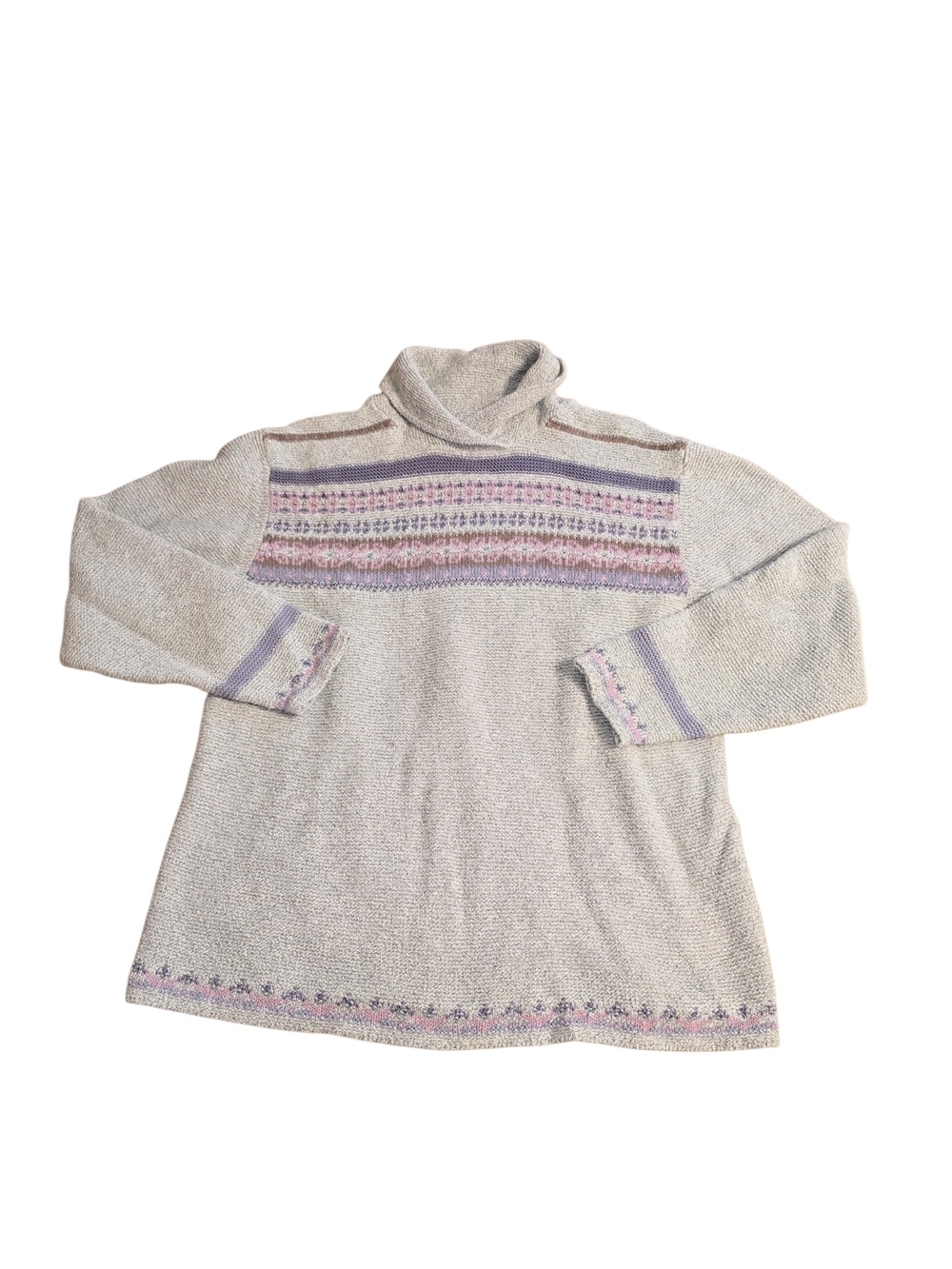 Woolrich Light Gray Cowl Neck Sweater with Purple and Pink Fair Isle Yoke Size L